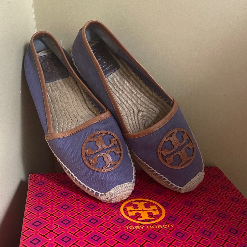 Tory Burch Purple Canvas Espadrille Flats with Tan Leather Trim